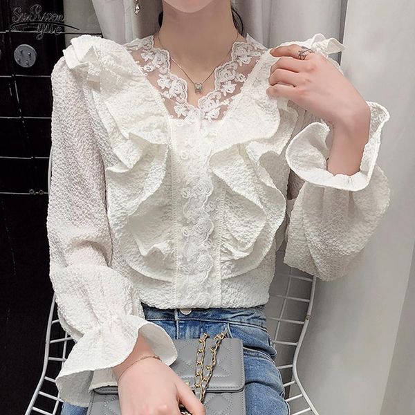 

women's blouses & shirts spring fashion women vintage cotton linen blouse ruffled v-neck lace shirt solid sweet flare sleeve korean wom, White