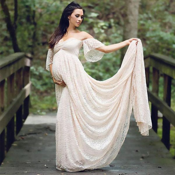 

maternity dresses off shoulde floral lace pregnancy dress pography po shoot long gown props, White