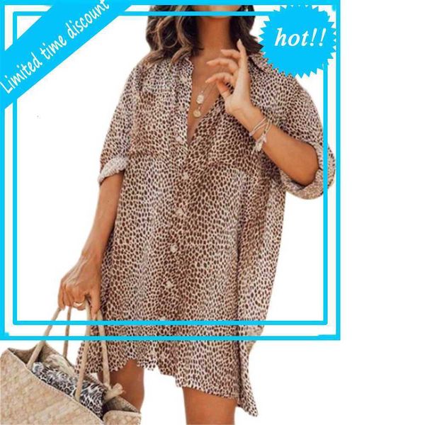 

women luipaard long mouths chiffon loose trun-down tight dress summer button casual elegant dresses plus size, Black