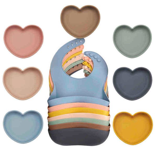 

3pcs child feeding kit heart-shaped dinner plate with suction silicone spoon waterproof bib bpa baby shower gift g1210