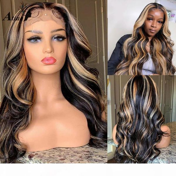 

ombre highlight colored body wave human hair wig bleach knots remy brazilian pre plucked hd transparent lace wigs closure 250, Black;brown