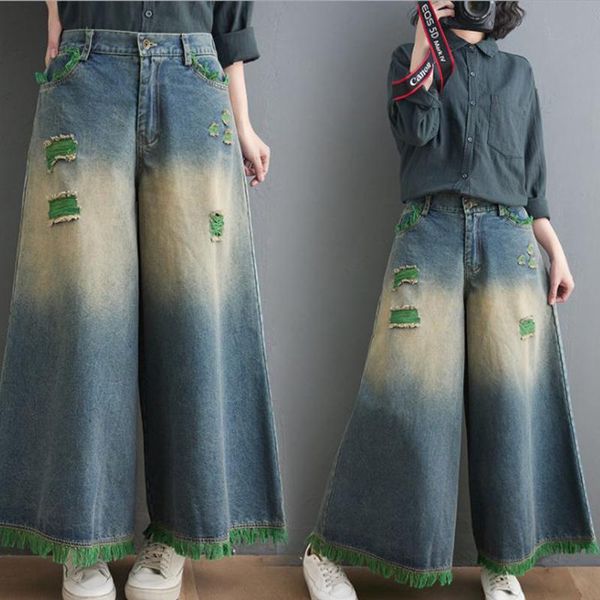 

women's pants & capris high quaity 2021 fashion wide leg full length women trousers denim jeans casual ruffles patchwork plus size gree, Black;white