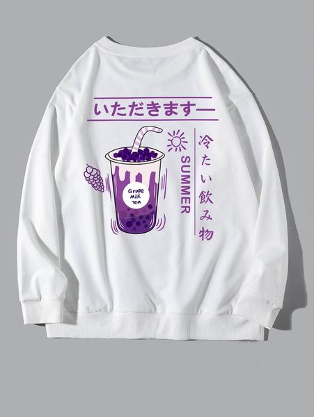 

men japanese letter & milk tea print sweatshirt r262#, Black