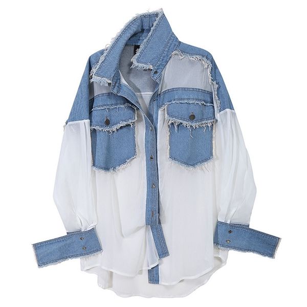 

faop women chiffon burrs denim big size blouse lapel long sleeve loose fit shirt fashion spring autumn gb151 210709, White