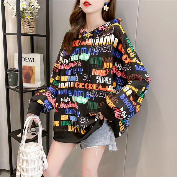 

2021 new autumn color letter print women's loose drop shoulder long sleeve pullover fashion sweatshirt z7o1, Black