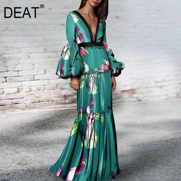 

[deat] summer fashion v-neck high waist floor-length ruffles printing long sleeve loose elegant dress women 13c957 210527, Black;gray