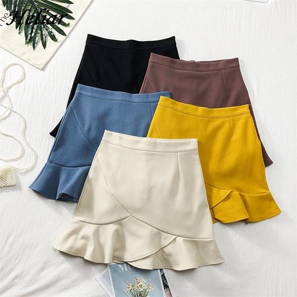 

heliar ruffles a-line mini chic beach south korean solid students high waist summer women skirt 210315, Black