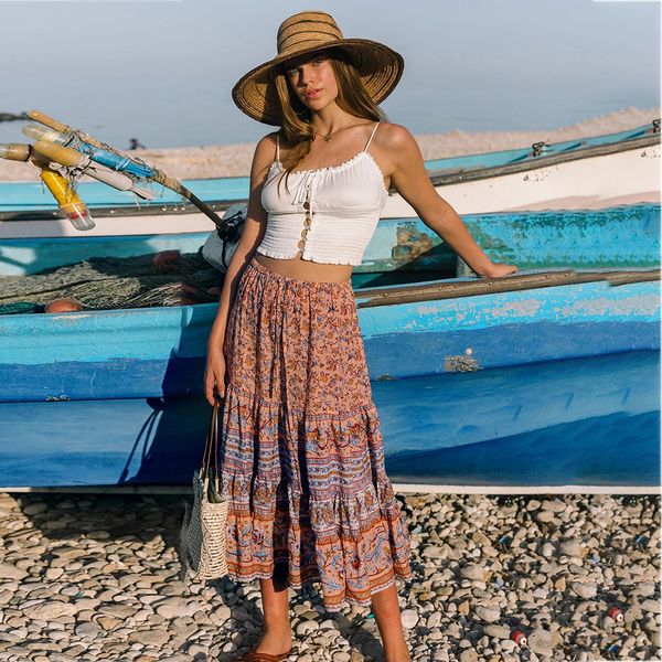 

2021 new boho floral print women midi summer elastic high waist bandage patchwork falda loose vintage vacation skirt hzqs, Black