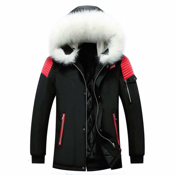 

men winter warm faux leather spliced padded long down alternative parka coat fur hood slim jacket for man, Black