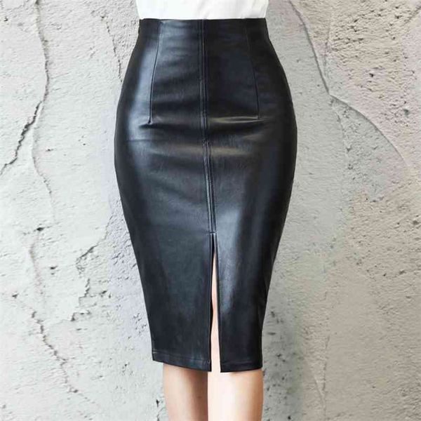 

women pu leather midi skirt autumn winter ladies package hip front or back slit pencil skirt plus size 210721, Black
