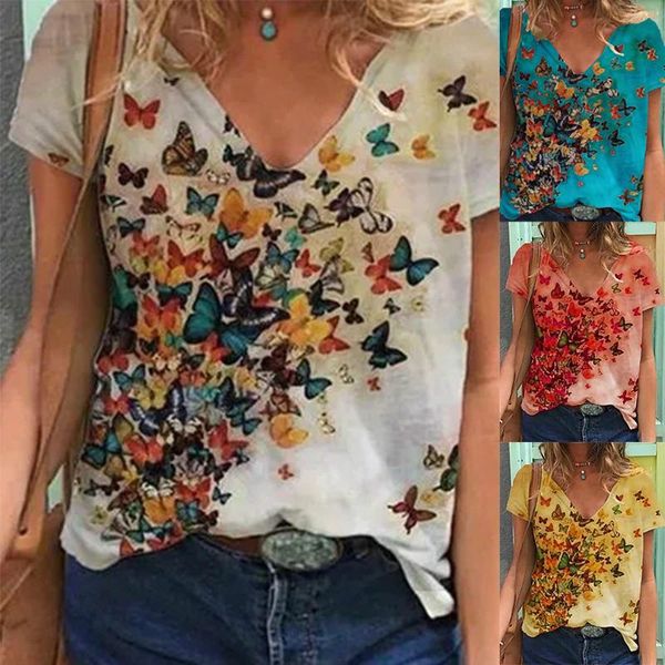 

women's t-shirt 2021 summer womens butterfly print tshirts casual short sleeve loose streetwear harajuku t shirt ladies v neck tee, White