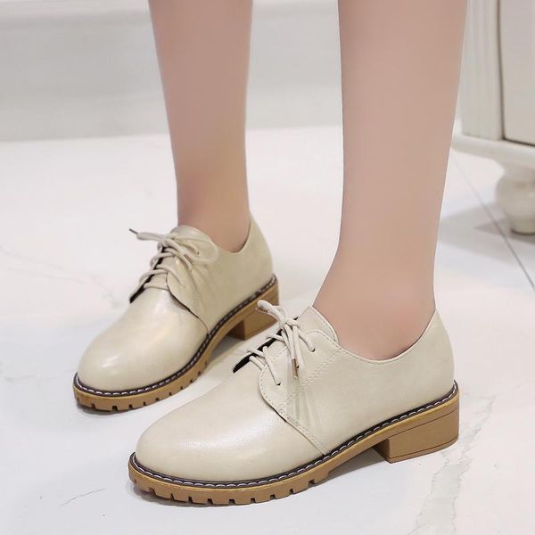 

british style women's leather shoes spring and autumn new mid-heel breathable soft leather round toe lace-up women's pumps, Black