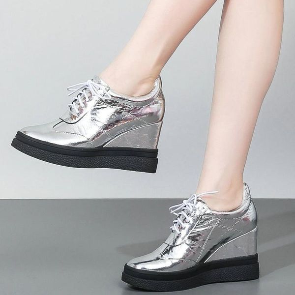 

round toe fashion sneakers women lace up genuine leather wedges ankle boots female high heel platform pumps shoes casual shoes, Black