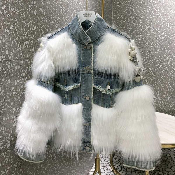 

women's fur & faux real women coats 2021 winter natural jacket female denim outerwear, Black