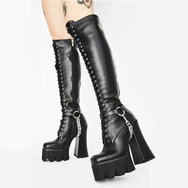 

boots women stretch 2021 autumn winter warm shoes chunky high heels platform black zipper knee plus size 34-41