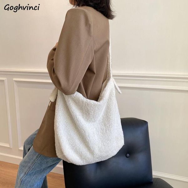 

cross body fashion women shoulder bags plain large capacity solid color soft plush casual totes furry hasp students college shopping bag