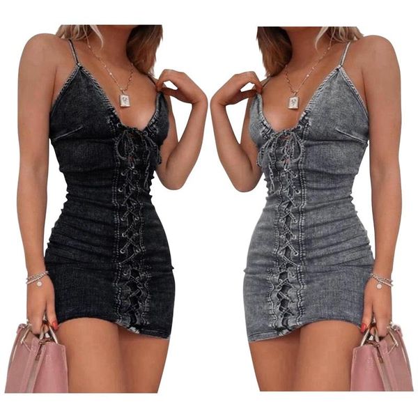 

casual dresses 2 pcs women's summer stretch denim bag hip skirt strap dress xxl size black & gray
