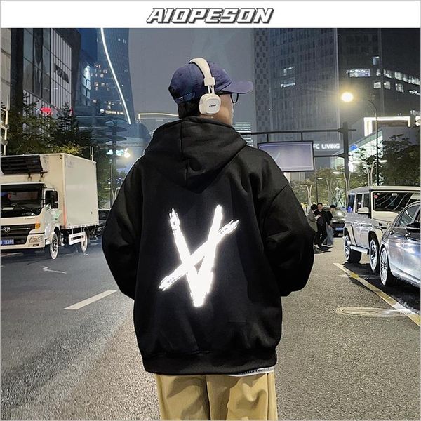 

men's hoodies & sweatshirts aiopeson 2021 reflective korean men harajuku printed oversized spring streetwear hoodie size m-5xl, Black
