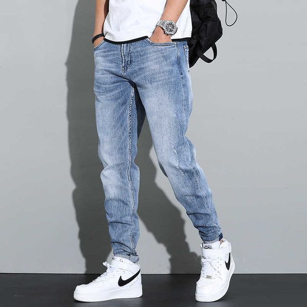 

men's jeans fashion streetwear retro light blue slim fit elastic ripped for vintage designer hip hop denim harem pants aebt