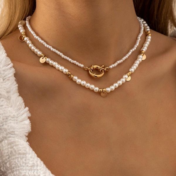 

chokers 2pcs/set elegant white imitation pearl choker necklace women collares bridal wedding kpop beaded chain fashion aesthetic jewelry, Golden;silver