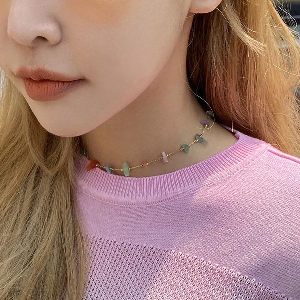 

chokers kpop simple temperament choker necklace colorful natural stone clavicle chain for women initial jewelry, Golden;silver