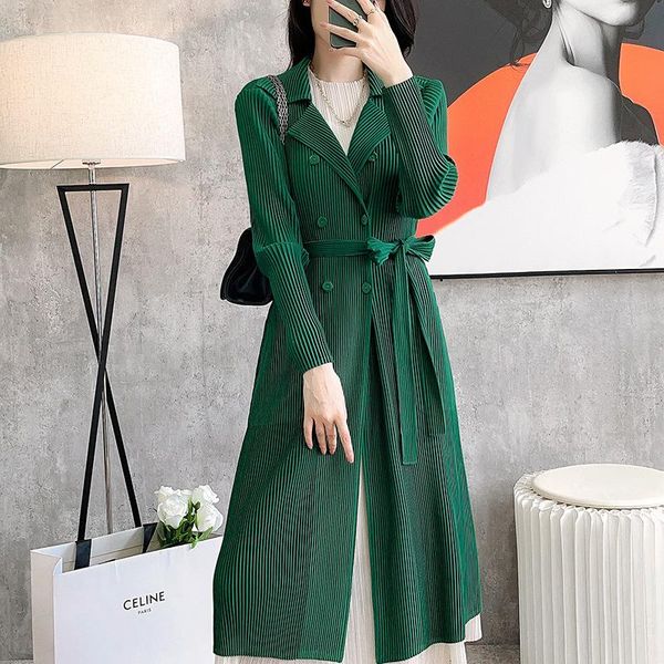 

women's trench coats spring/autumn double breasted women coat miyak pleated fashion solid turn-down collar high street long, Tan;black