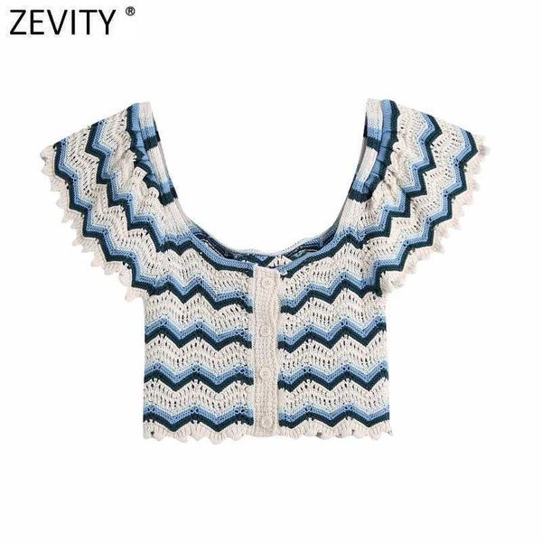 

zevity women color matching patchwork hollow out crochet short knitting sweater ladies casual ruffles crop cardigans sw849 210603, White