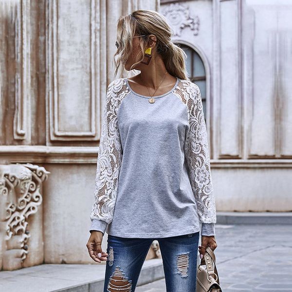 

2021 new autumn winter lace full sleeve women o-neck casual solid knitted hoodies female office lady pugg, Black