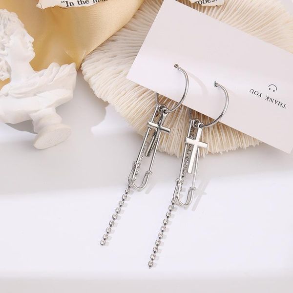 

hoop & huggie rhinestone chain cross safety pin pendant circle earrings silver color hypoallergenic ear jewelry for women gifts, Golden;silver