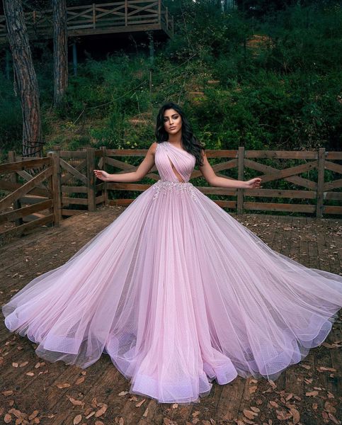 Eleganti abiti da sera rosa 2022 con spalline trasparenti A-Line Labourjoisie Dubai Medio Oriente Abiti formali Abito da ballo per feste Tulle Pizzo Sweep Train Prewedding Engagement