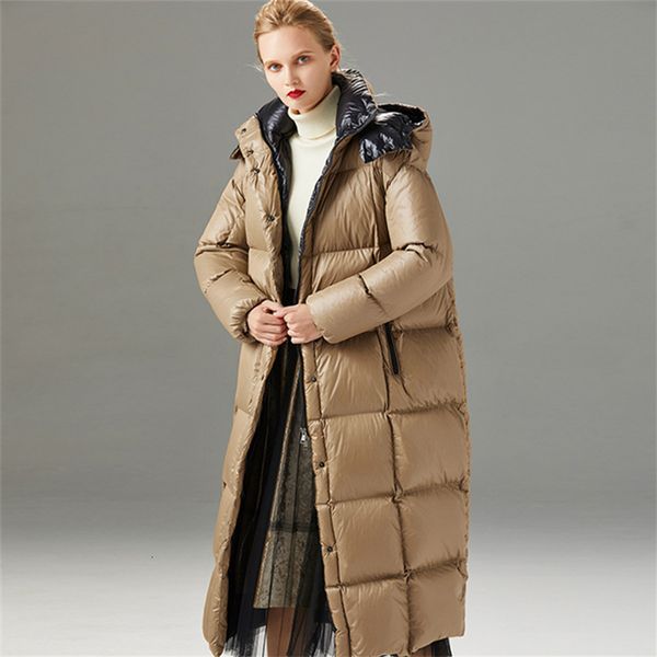 

2021 new women's super thick jacket winter women windproof thickened 90 white duck female hooded warm long down coat 18v7, Black