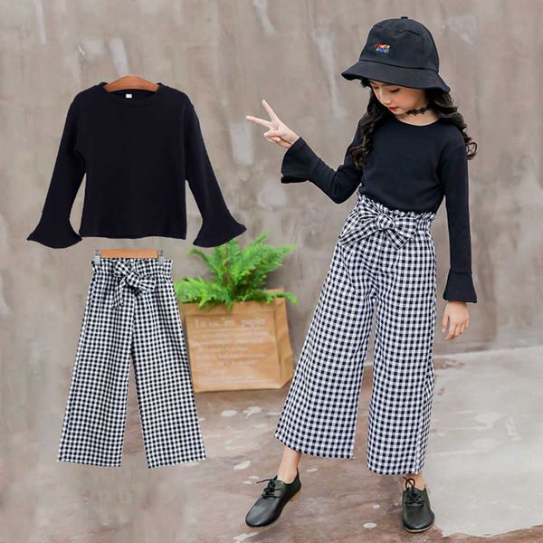 

kids girls clothes sets long sleeve t-shirts + plaid wide leg pants autumn children's clothing teenage for 7 8 10 12 years 210528, White