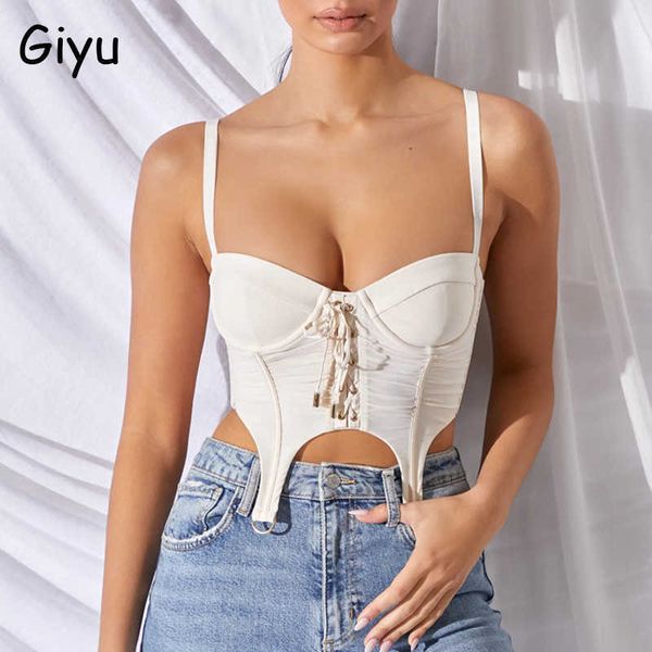 

giyu mesh crop camis summer lace up bandage spaghetti strap backless camisole elegant blusas femininas 210623, White