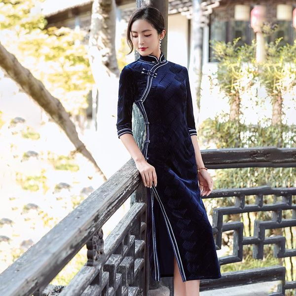 

ethnic clothing 3/4 sleeve velour maxi qipao women navy blue cheongsams chinese mandarin collar dress gown oversize formal party vestid, Red