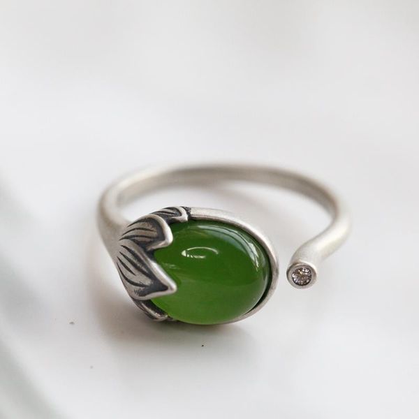 

cluster rings natural hetian jasper plant open ring chinese style retro thai silver bohemian elegant romantic charm women's brand jewel, Golden;silver