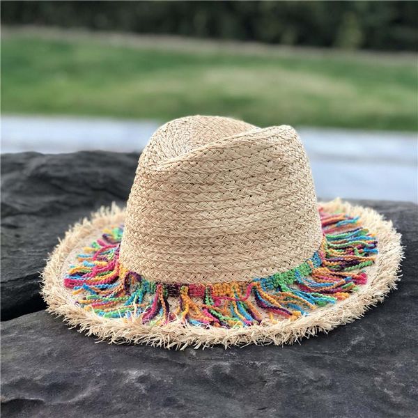 

wide brim hats coloerfull tassel ribbon decorate straw hat shading sun caps lady fashion beach cap jazz summer bucket, Blue;gray