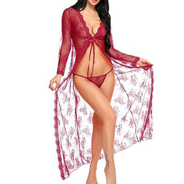 

bras sets women underwear lingerie long lace dress sheer gown see through kimono robe erotic costumes ropa interior mujer erotica, Red;black