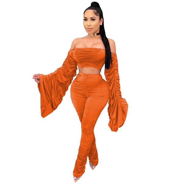

two piece set womens stacked leggings set off-shoulder pleated set jogger ruched and pants two piece sweatpants female, White