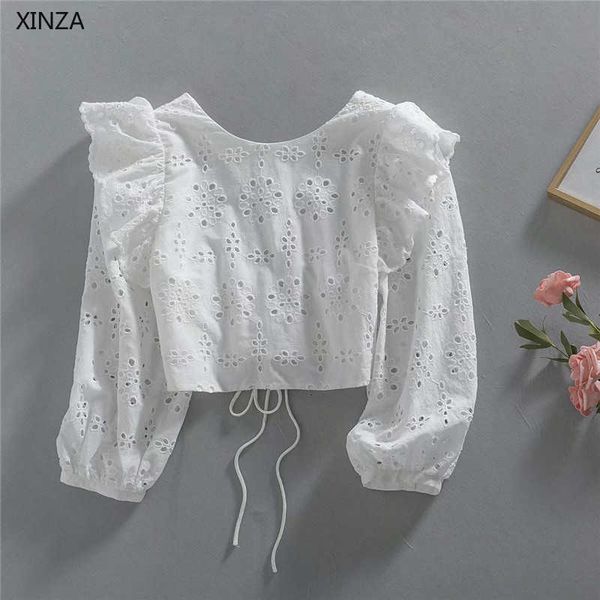 

women's knits & tees women crop embroidered ruffle o neck puff sleeve openwork embroidery summer blouse woman backless w, White
