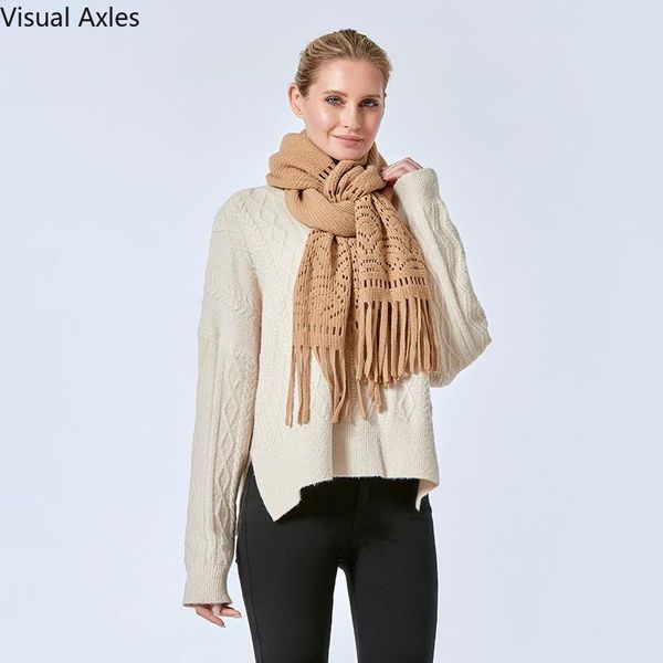 

scarves 2021 fashion winter acrylic knitted scarf women luxury plain color shawl ladies outdoor warm neck with fringes, Blue;gray