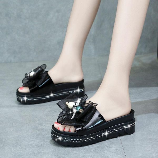 

sandals women bowknot slippers 2022 summer casual beach muffin slip on platform ladies dress party peep toe female, Black