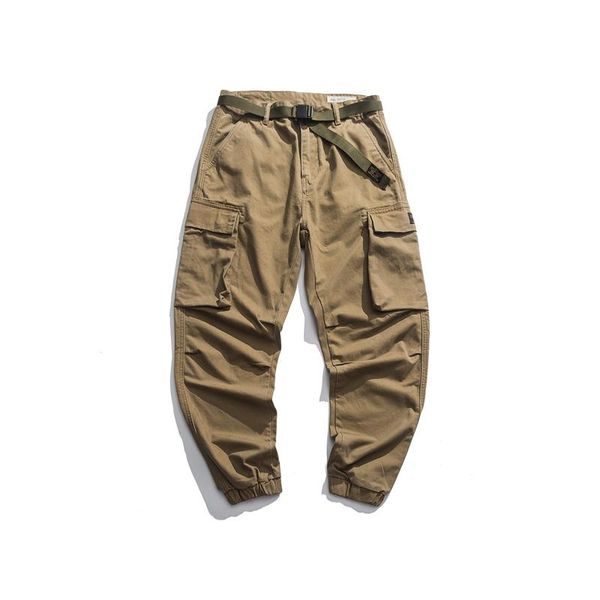

spring and summer men retro multi-pocket cargo pants casual stretch ankle trousers elastic buckle belt khaki mens pant plus size, Black