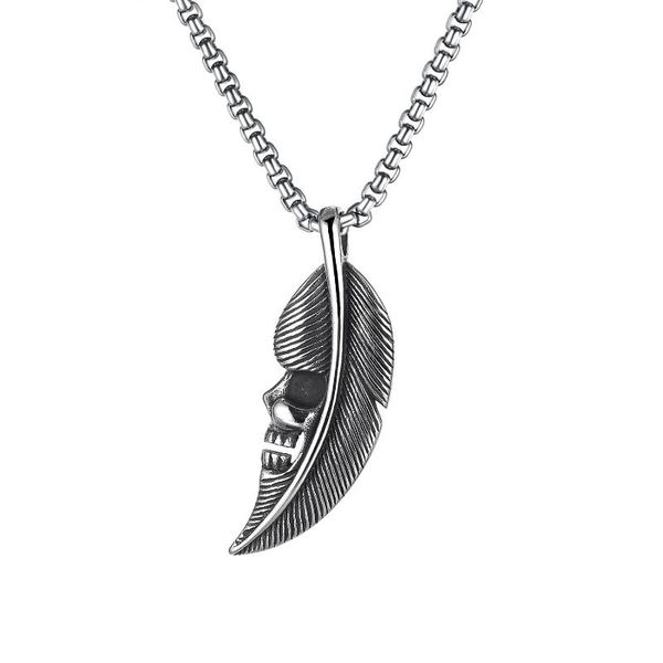 

pendant necklaces vintage feather skull men's necklace punk fashion stainless steel streetwear hip hop rock jewelry cool stuff, Silver