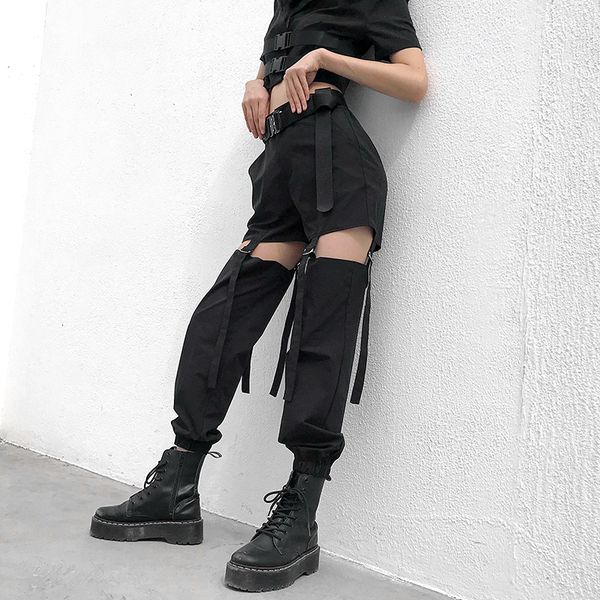 

casual pockets ribbons cargo 2021 new high waist straight ladies harajuku trousers women pants i5km 4gia, Black;white