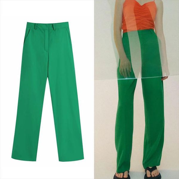 

za green wide leg women capris high waisted trousers straight baggy female summer, Black;white