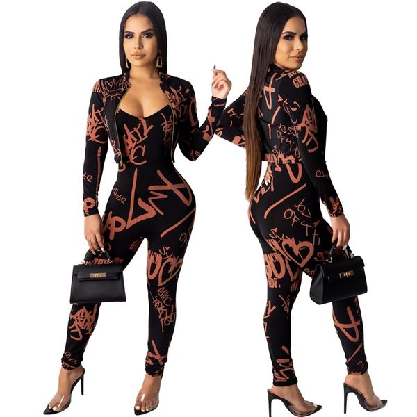 

fall winter elastic printing two piece sets for women coat& sling jumpsuit suit tracksuit matching women clothing, White