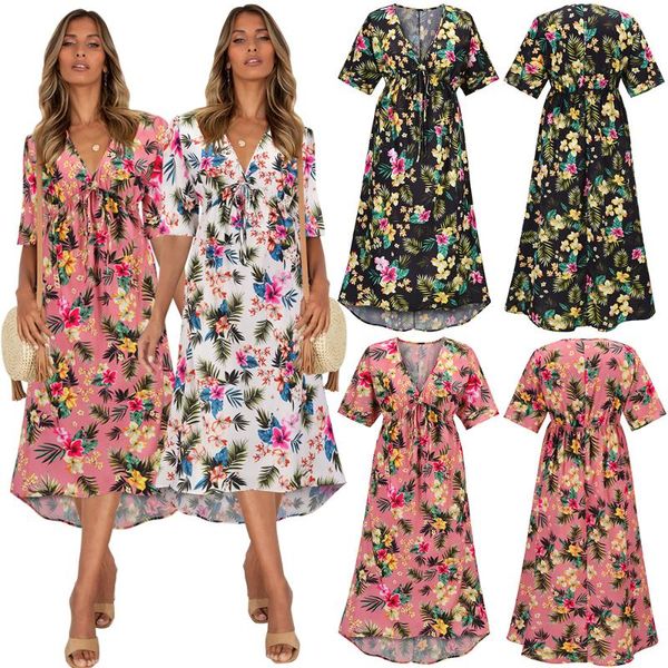 

casual dresses printed v-neck summer european and american dress bohemian floral women, Black;gray