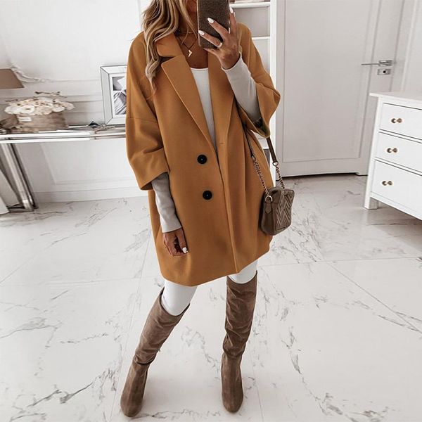 

women's wool & blends turn-down collar button lady elegant woolen coat autumn winter long sleeve women outerwear fashion pocket loose s, Black