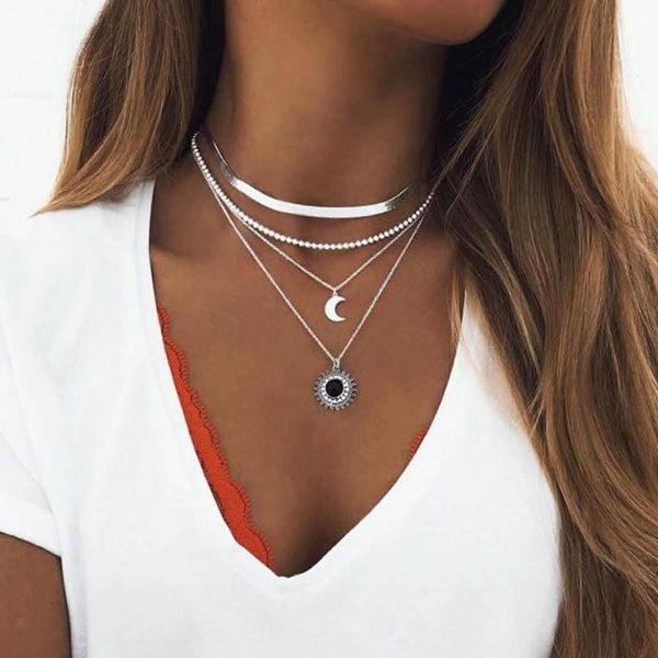 

pendant necklaces boho layered chain necklace silver color flat snake chains choker moon stone egirl gift neckless women jewelry