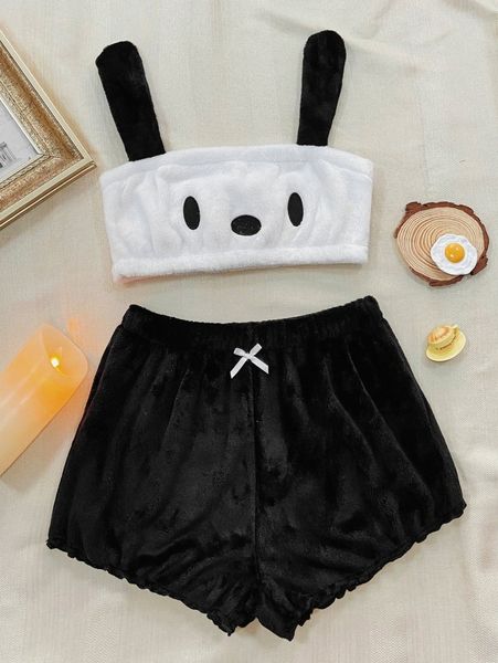 

plus cartoon embroidered flannel cami pj set 92zo#, Black;white